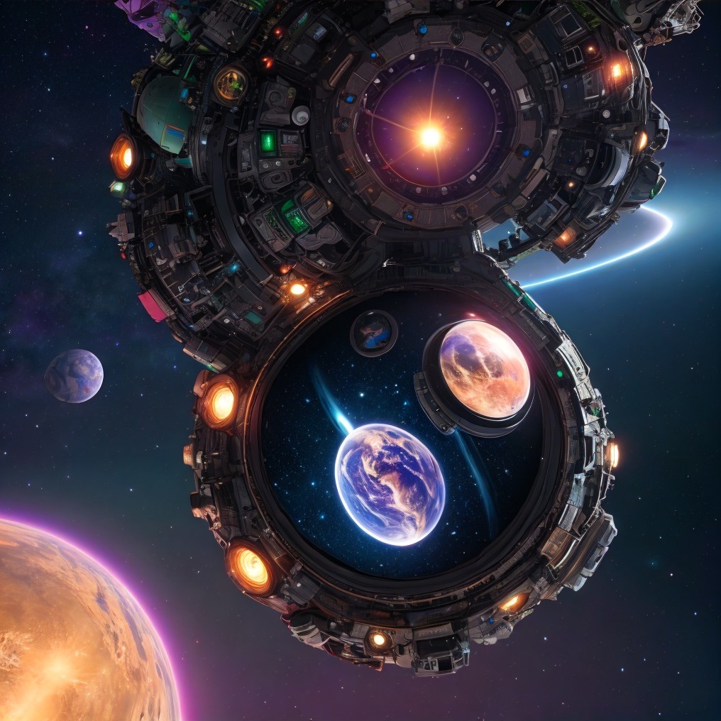 Futuristic spacecraft with planets and starry background