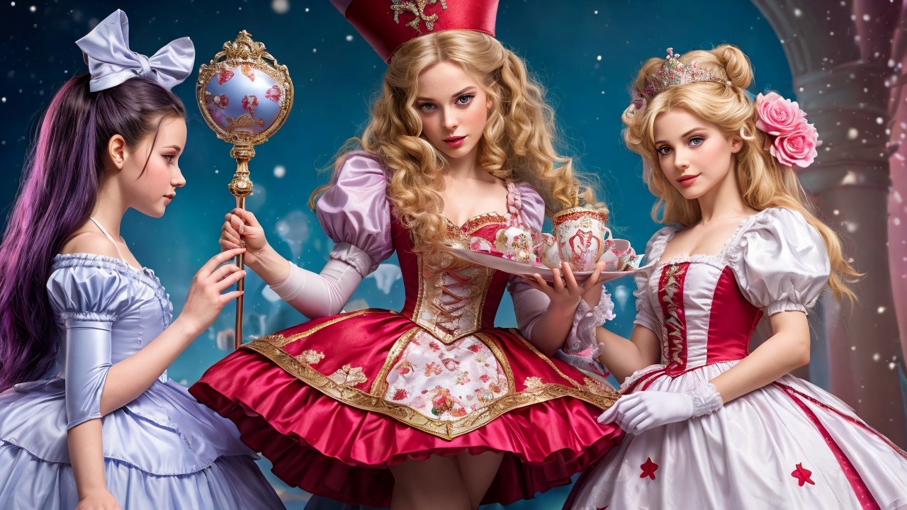Elegant Young Women in Whimsical Tea Party Setting