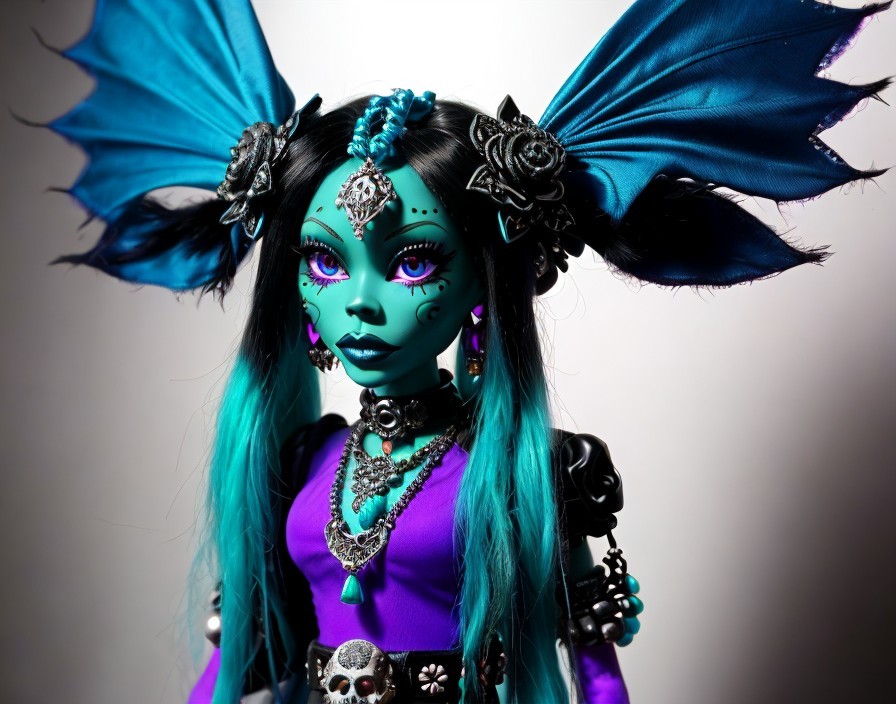 Artistic doll with teal hair and bat-like wings