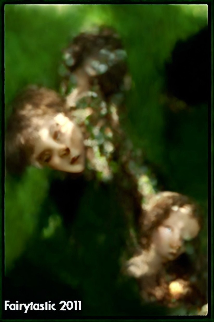 Ethereal Blurred Faces Among Lush Green Foliage
