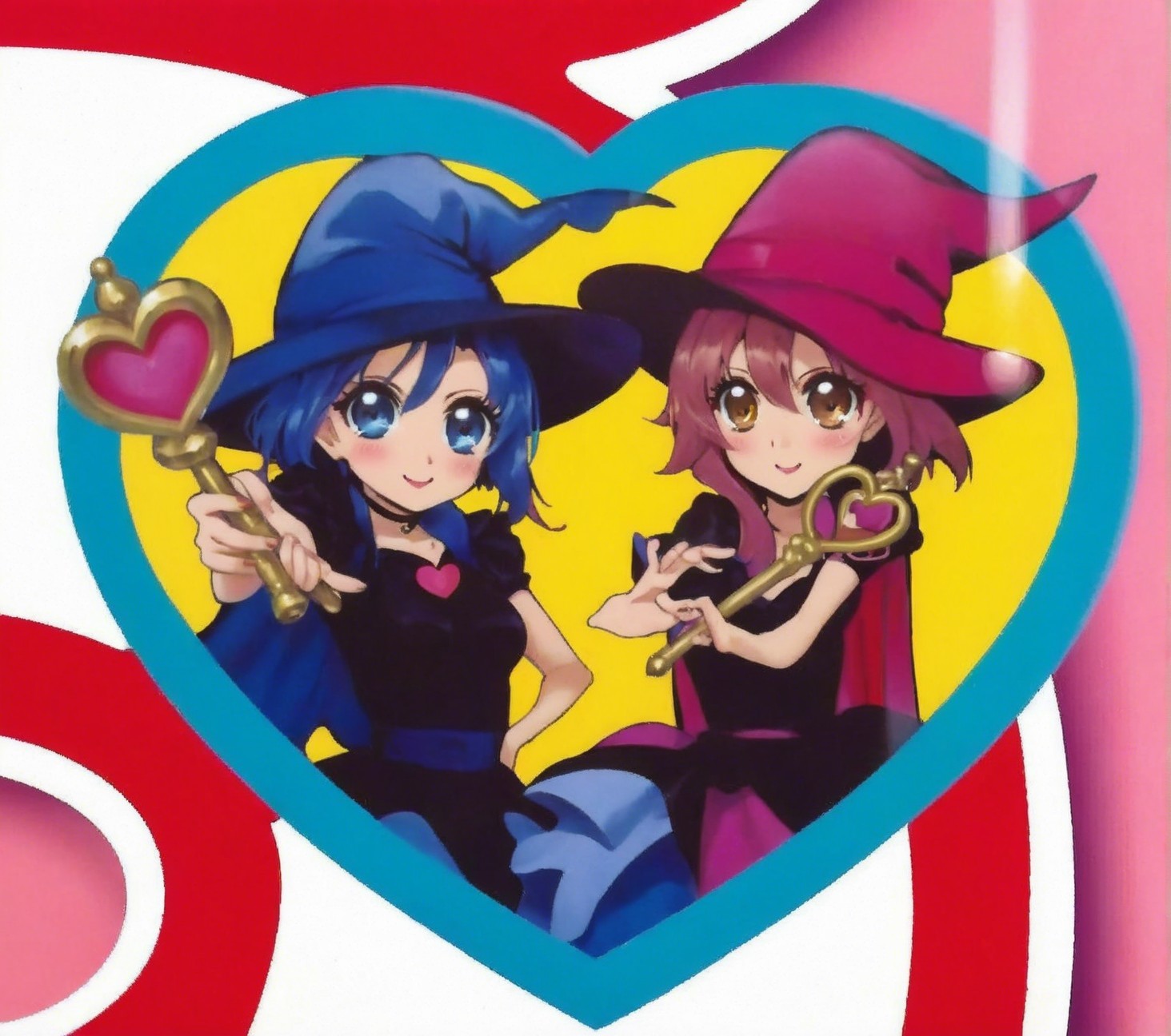 Cheerful anime characters in magical attire within a heart frame