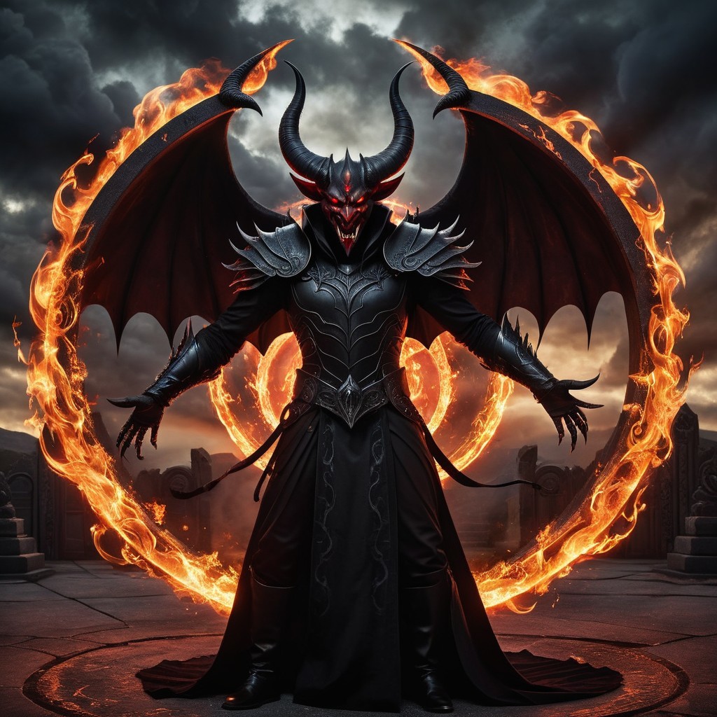 Menacing Figure in Dark Armor with Fiery Wings