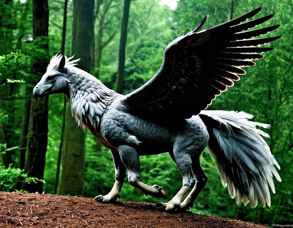 Majestic griffin with lion and eagle features in forest