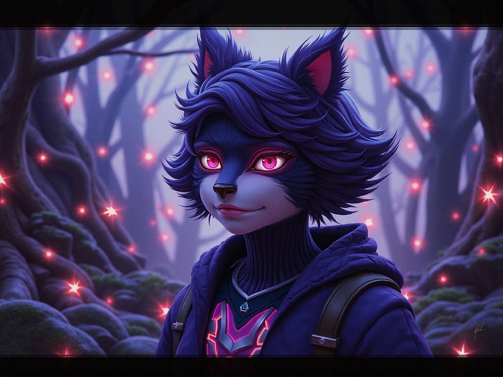 Feline Character in Mystical Twilight Forest Setting