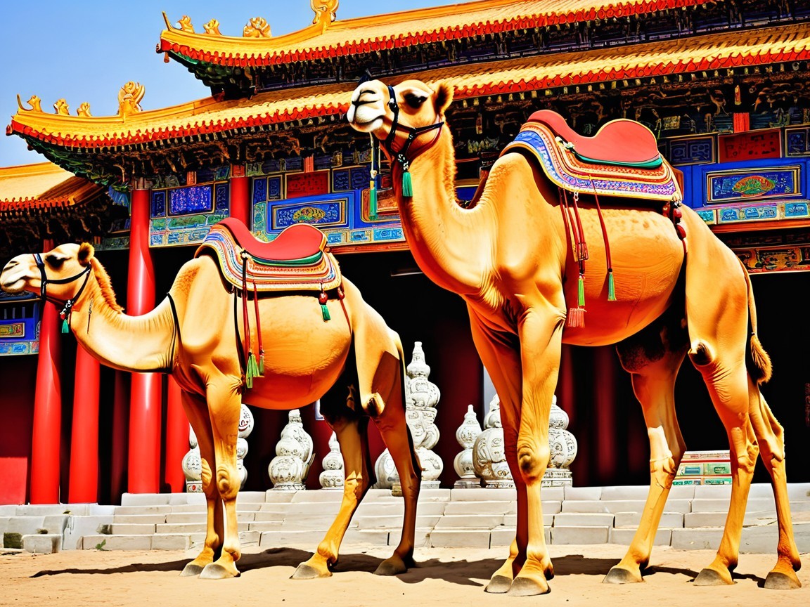 Camels in front of a vibrant, ornate building