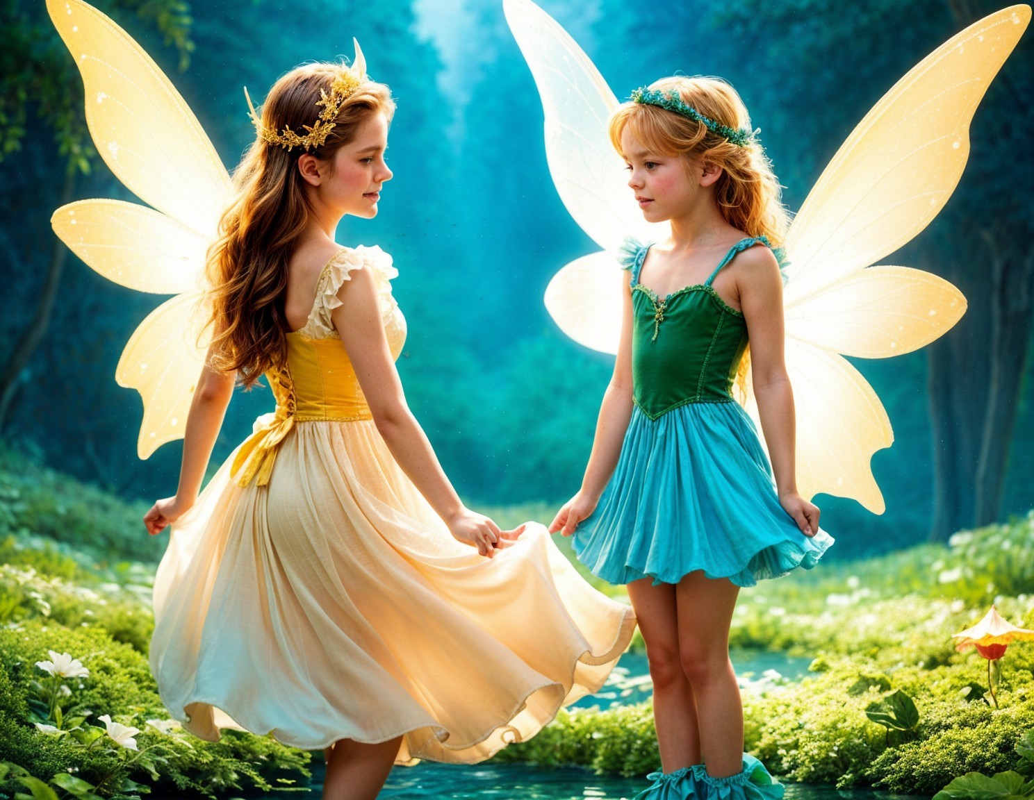 Fairies in a sunlit forest glade with iridescent wings