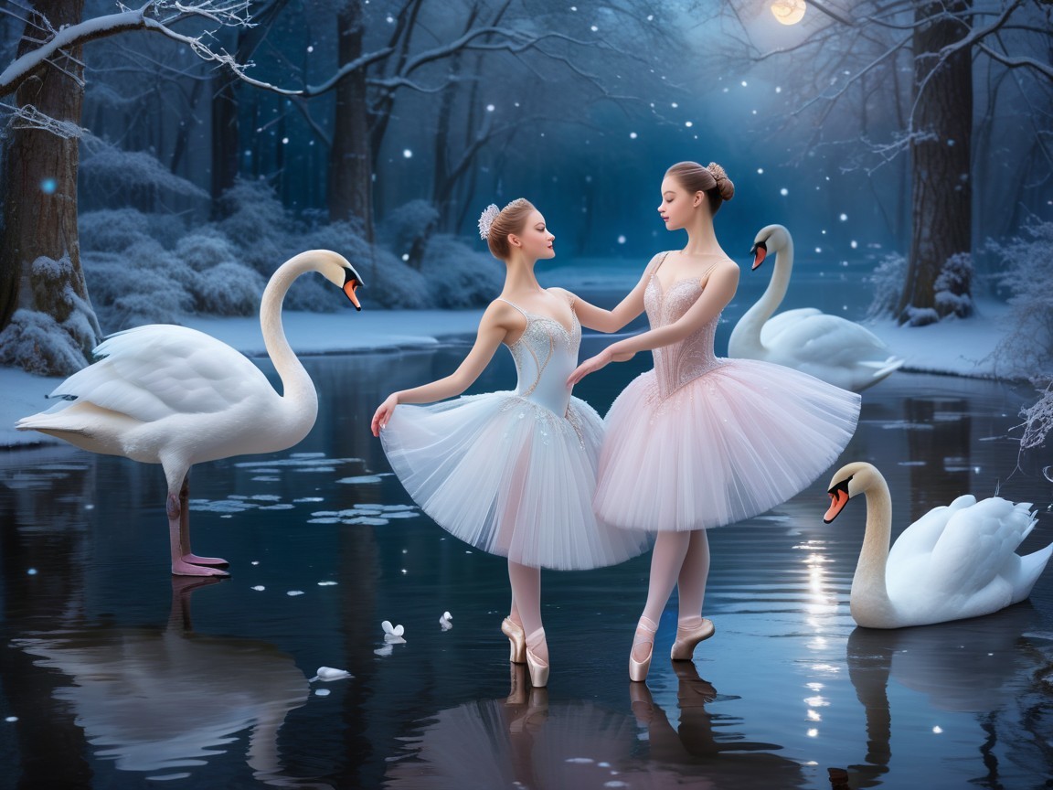 Ballerinas Dance by a Snowy Pond with Swans