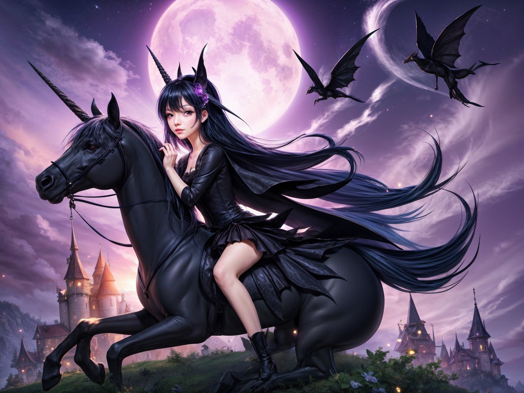 Young Woman on Black Unicorn in Mystical Landscape