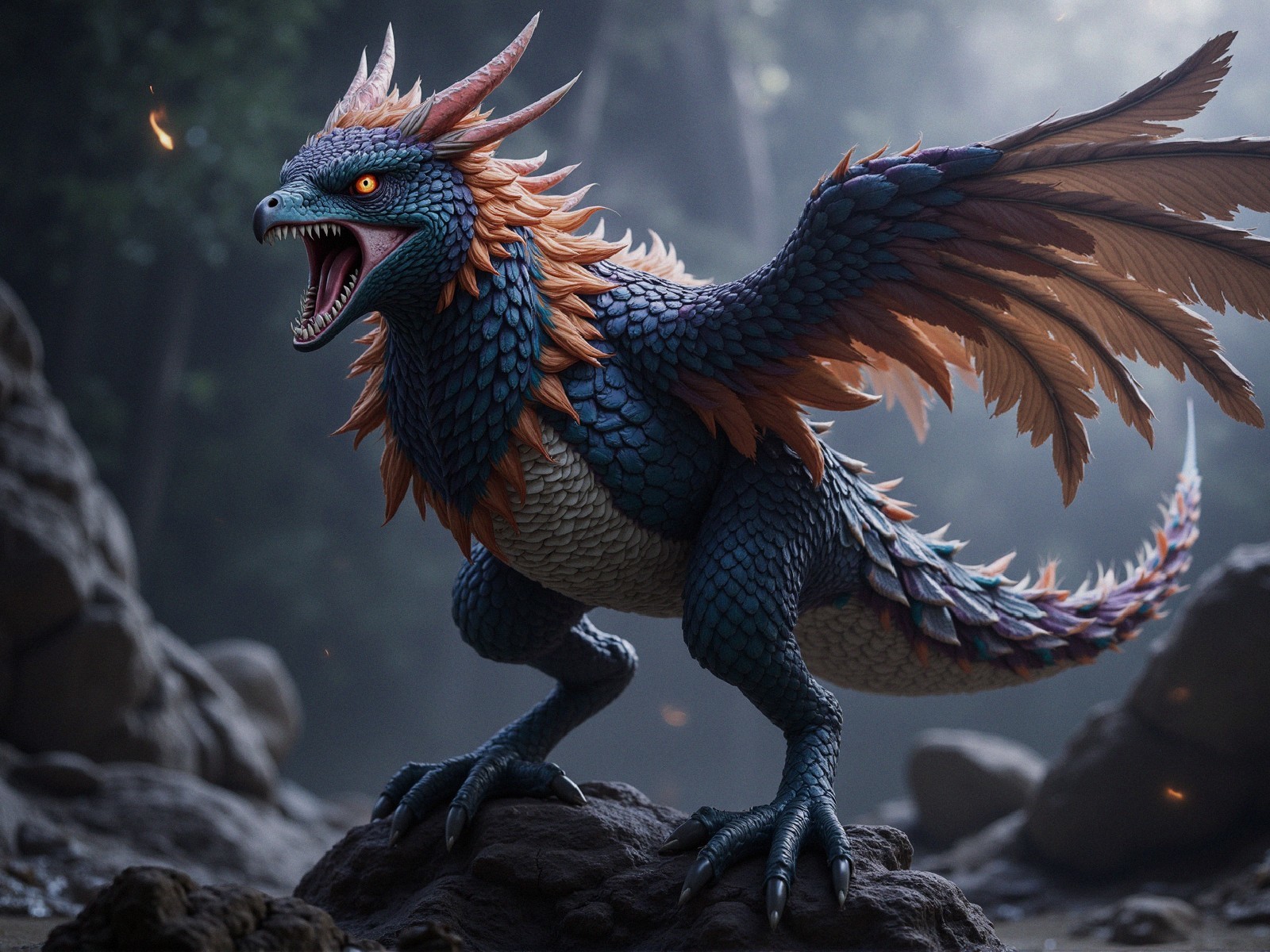 Majestic Dragon on Rocky Surface in Mystical Forest
