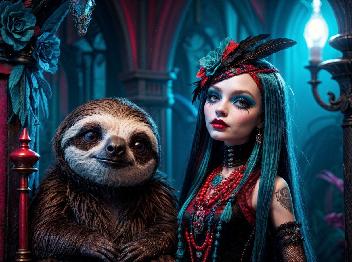 Gothic Scene with Blue-Haired Woman and Sloth