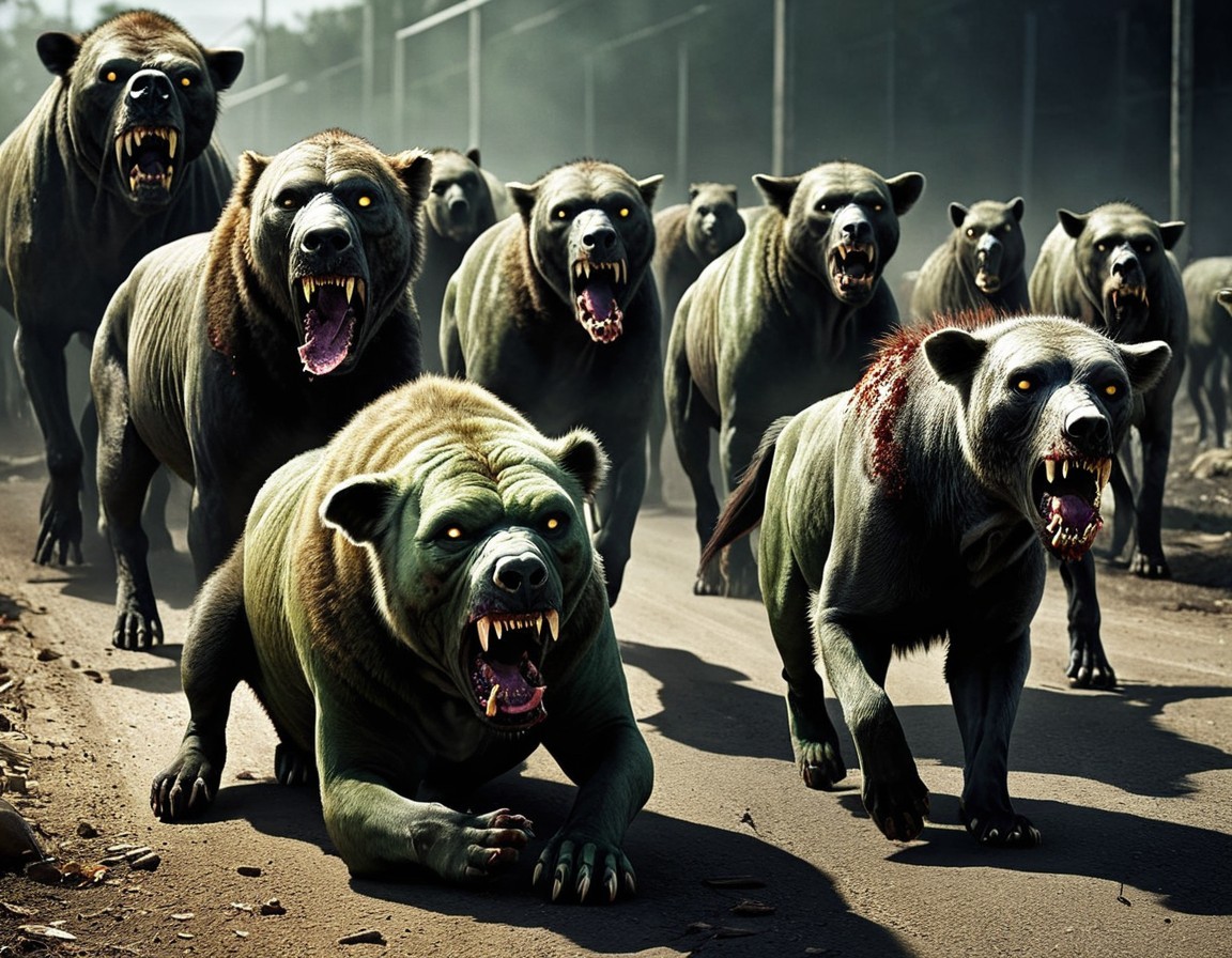 Monstrous creatures resembling hyenas and bears on road