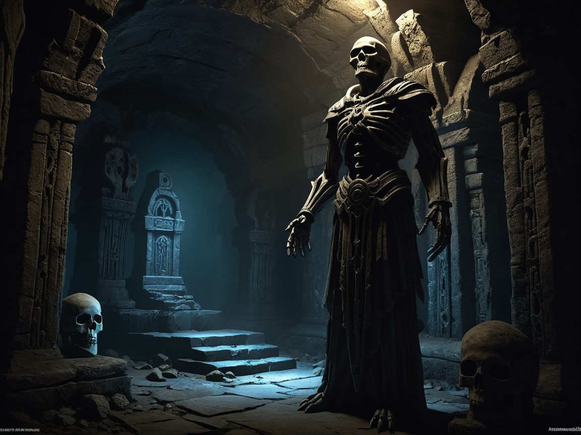 Ancient Underground Chamber with Skeletal Figure and Altar