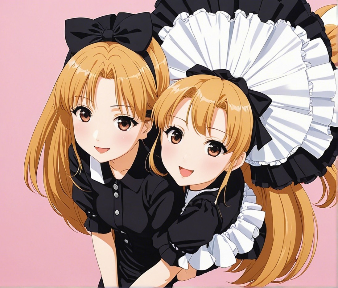 Anime Twin Girls in Dresses on Pink Background