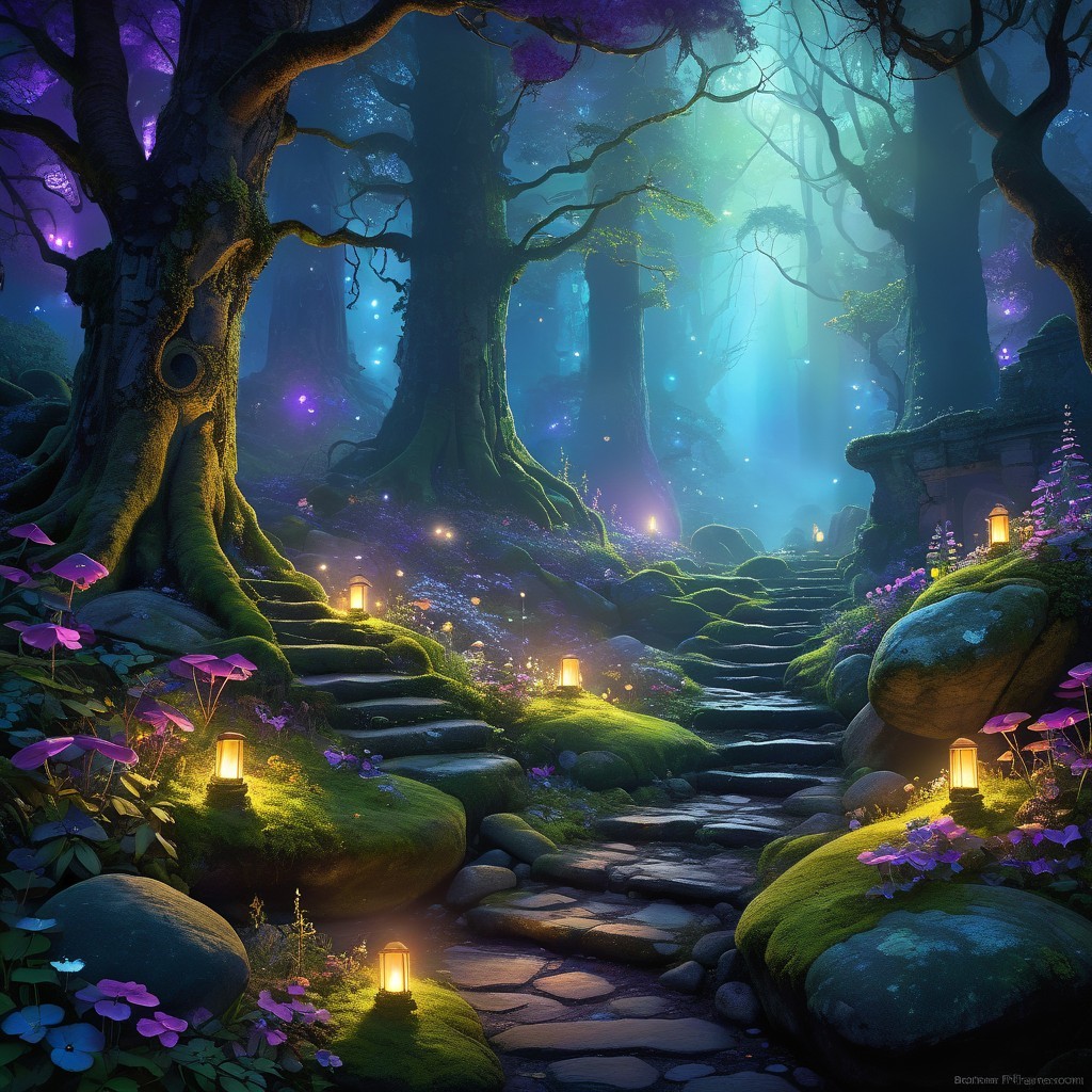 Magical Forest Scene with Ethereal Light and Haze