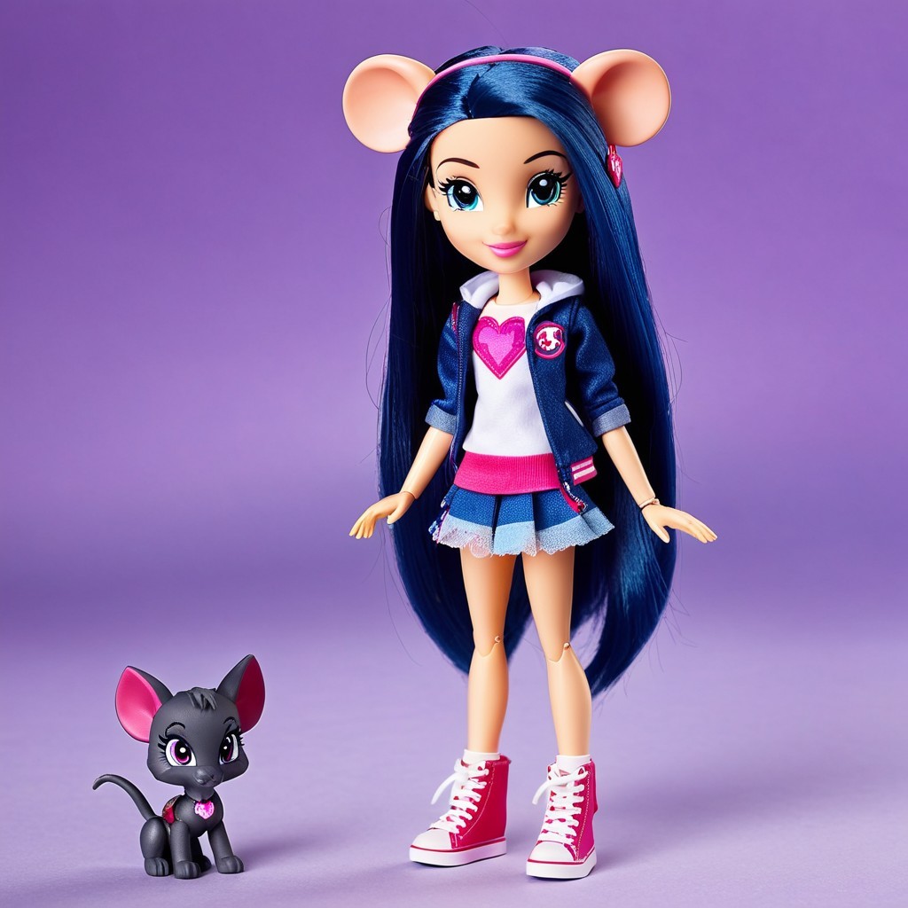 Whimsical Doll with Blue Hair and Cat Figure