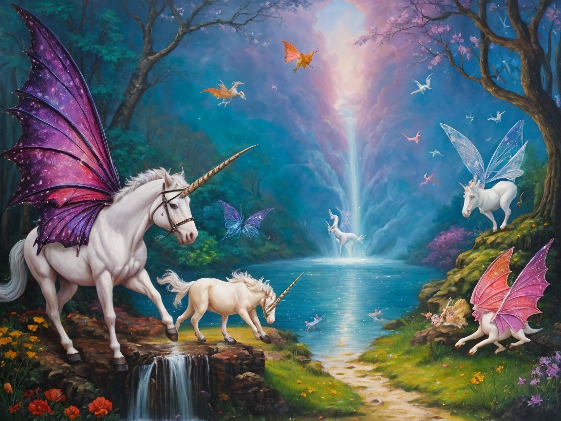 Majestic unicorns and fairies in a magical forest