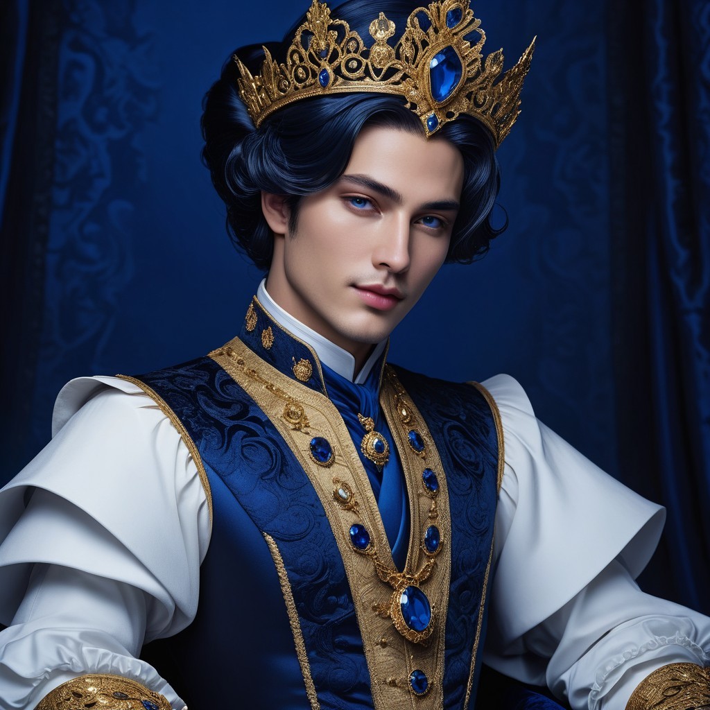 Regal young man in royal outfit with crown and gemstones