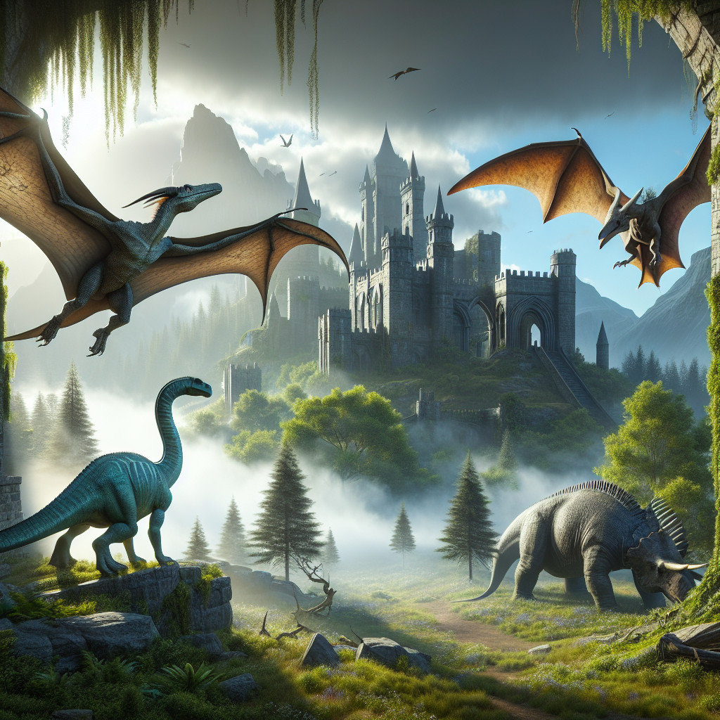 Fantastical Landscape with Castle and Dinosaurs