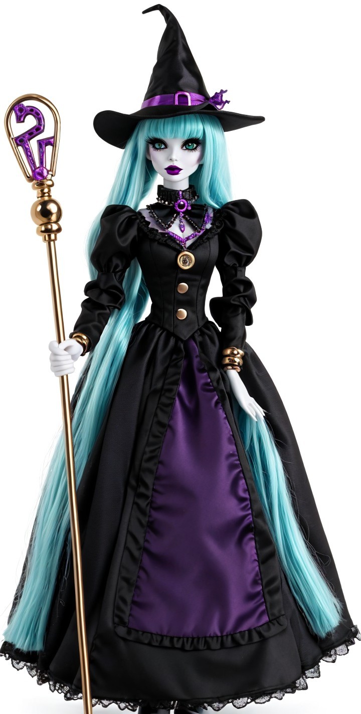 Fantasy Doll in Black Gown with Turquoise Hair