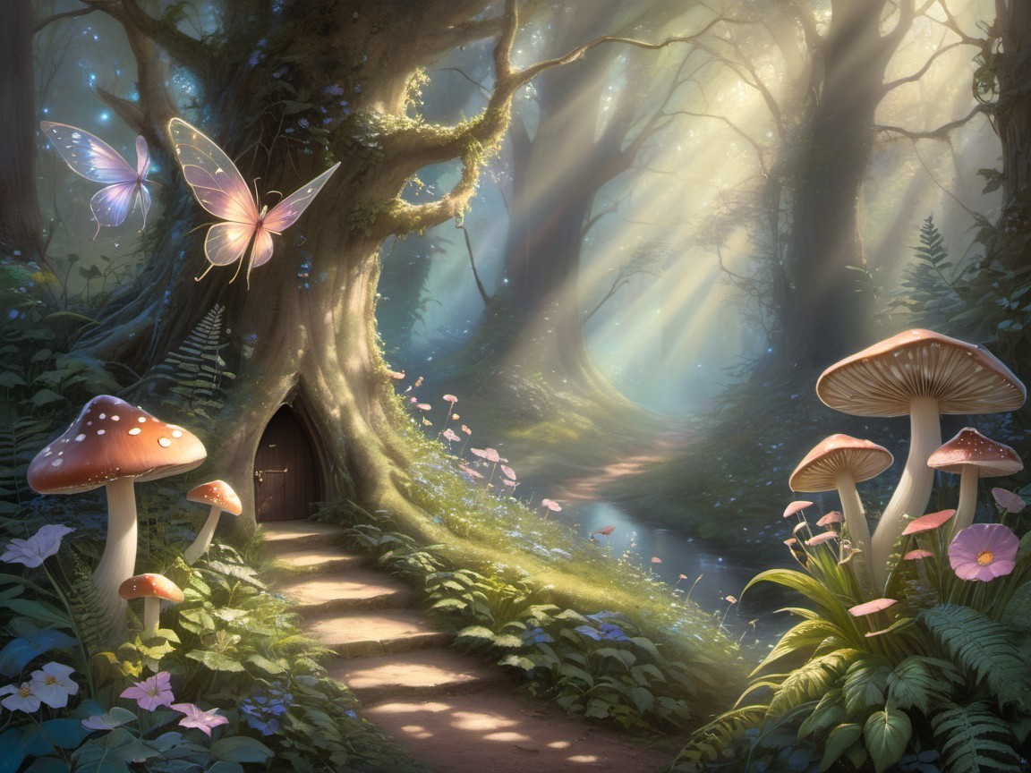 Magical Forest Scene with Ethereal Light and Butterflies