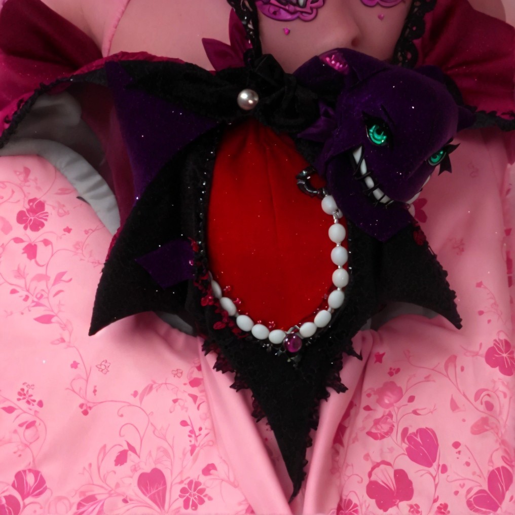 Pink Gown with Floral Patterns and Unique Accessories