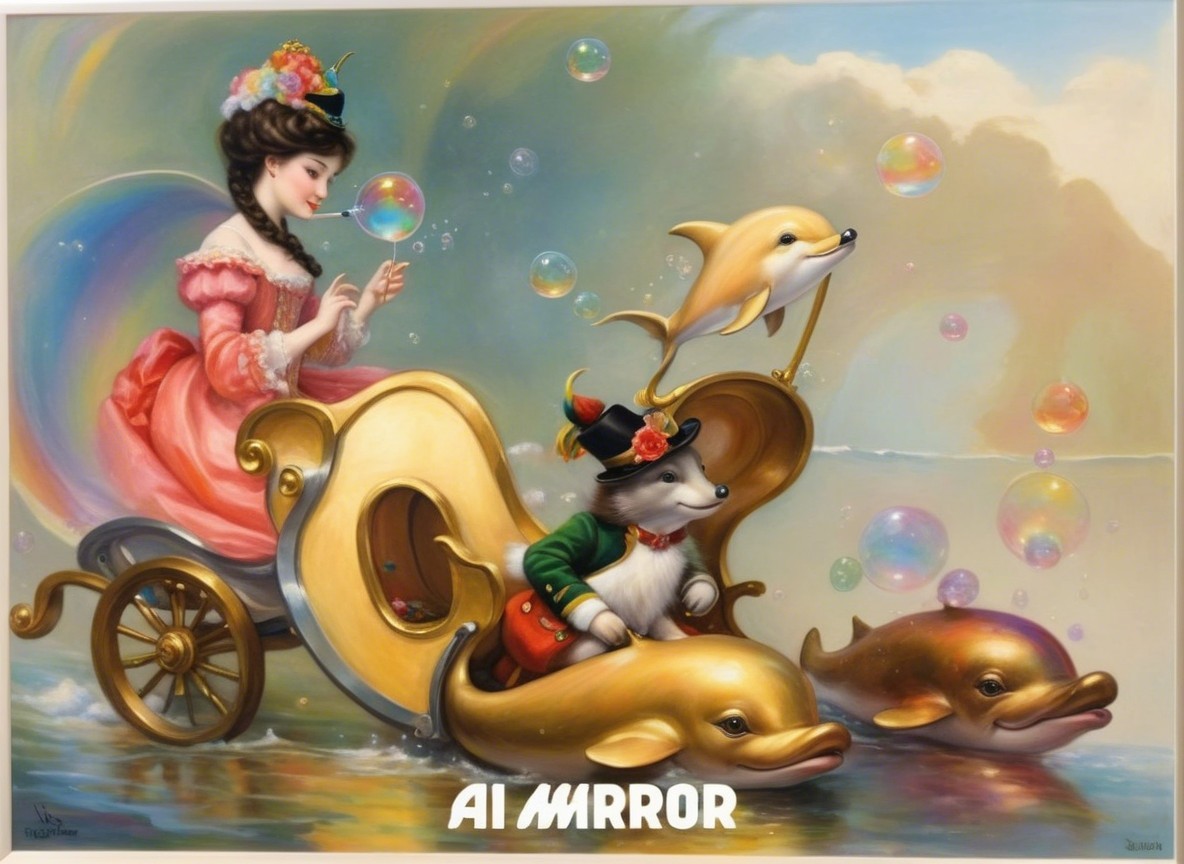 Whimsical Scene of a Woman in a Pink Dress with Bubbles