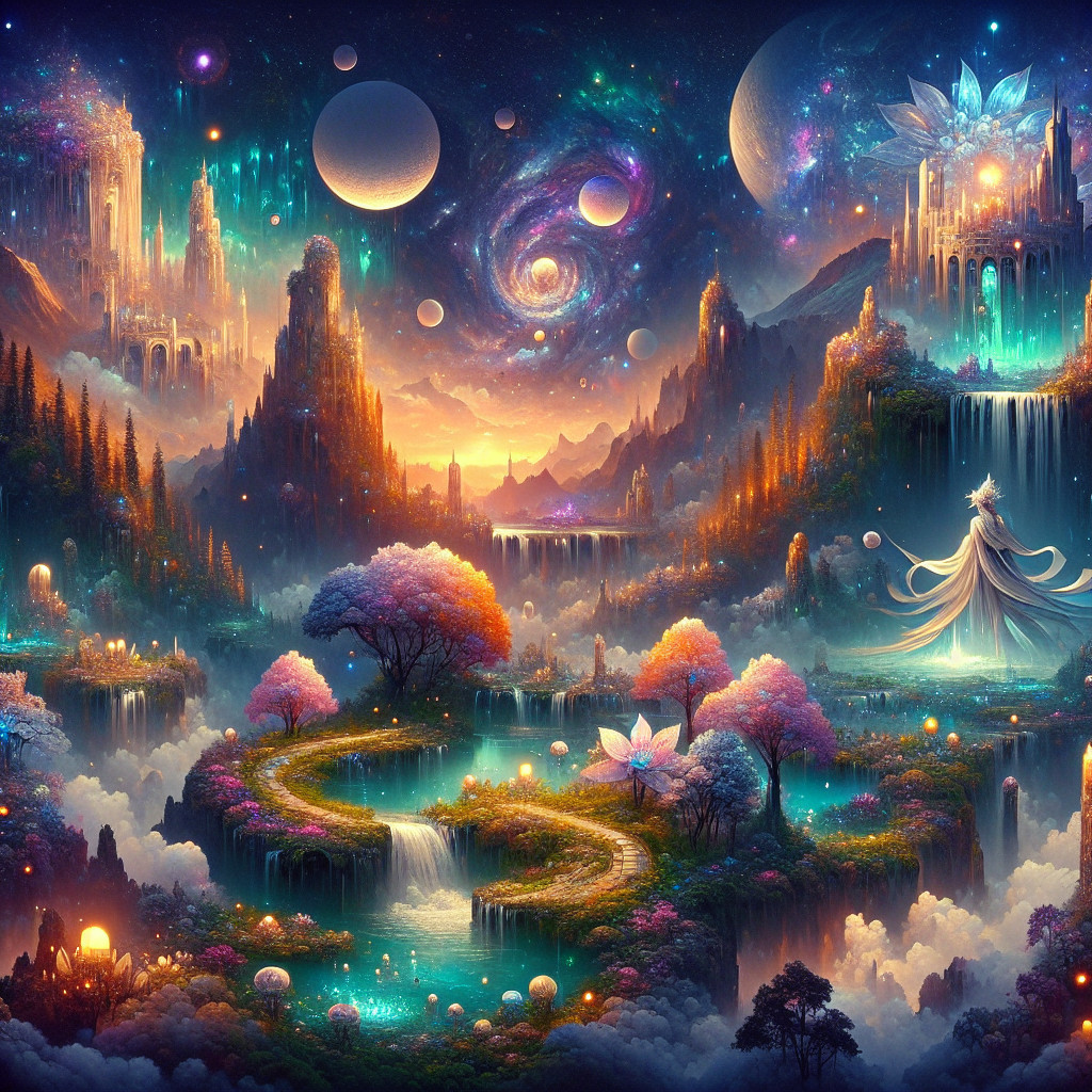 Celestial Landscape with Mountains and Waterfalls