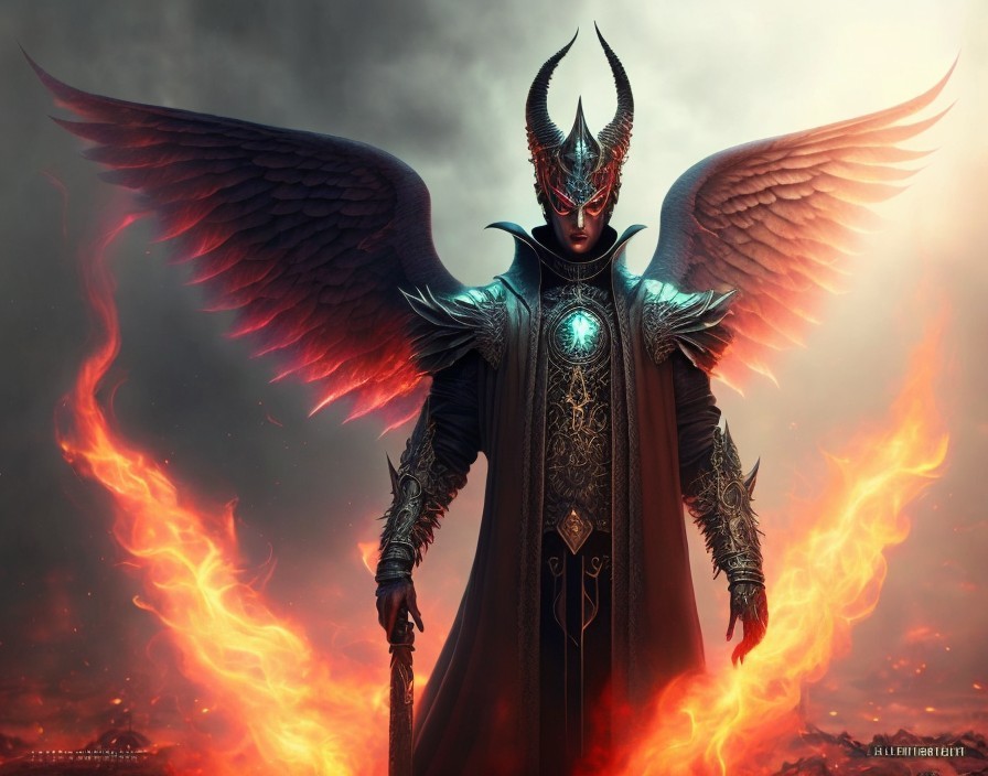 Powerful figure in ornate armor with red wings