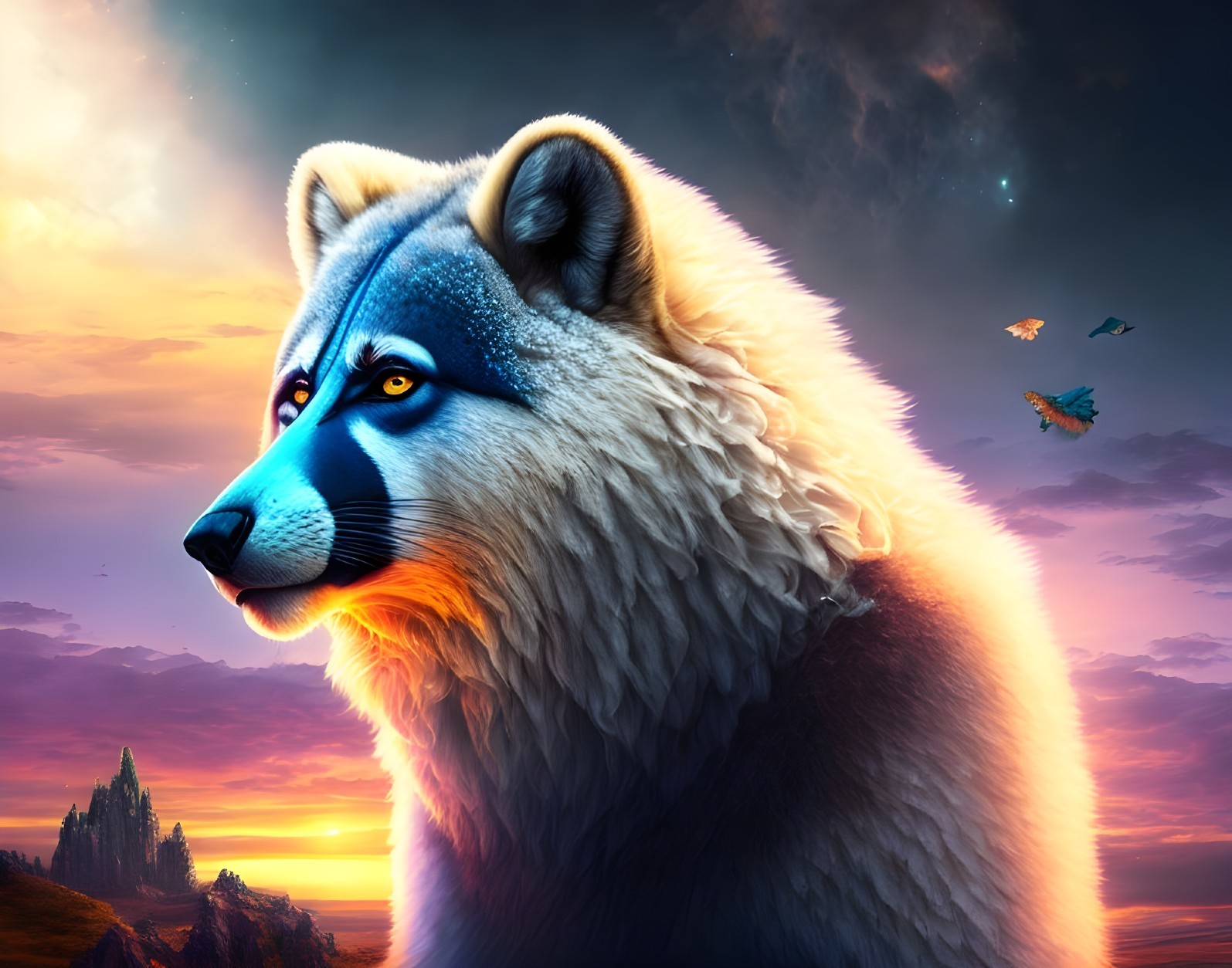Majestic Wolf Against Sunset with Distant Mountains