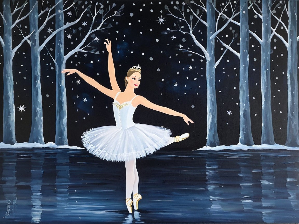 Ballerina in White Tutu Against Starry Night Sky