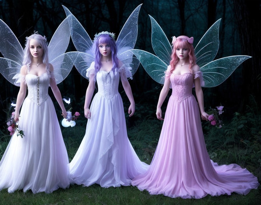 Fairy Figures in Mystical Forest with Bouquets