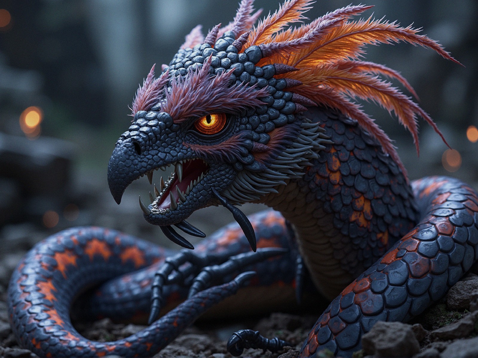 Iridescent Dragon with Fiery Feathers on Rocky Terrain