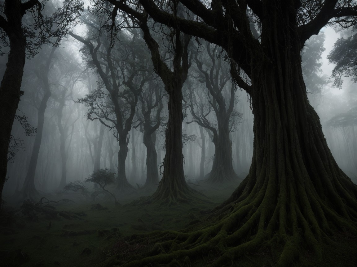 Mysterious Fog-Laden Forest with Ancient Trees