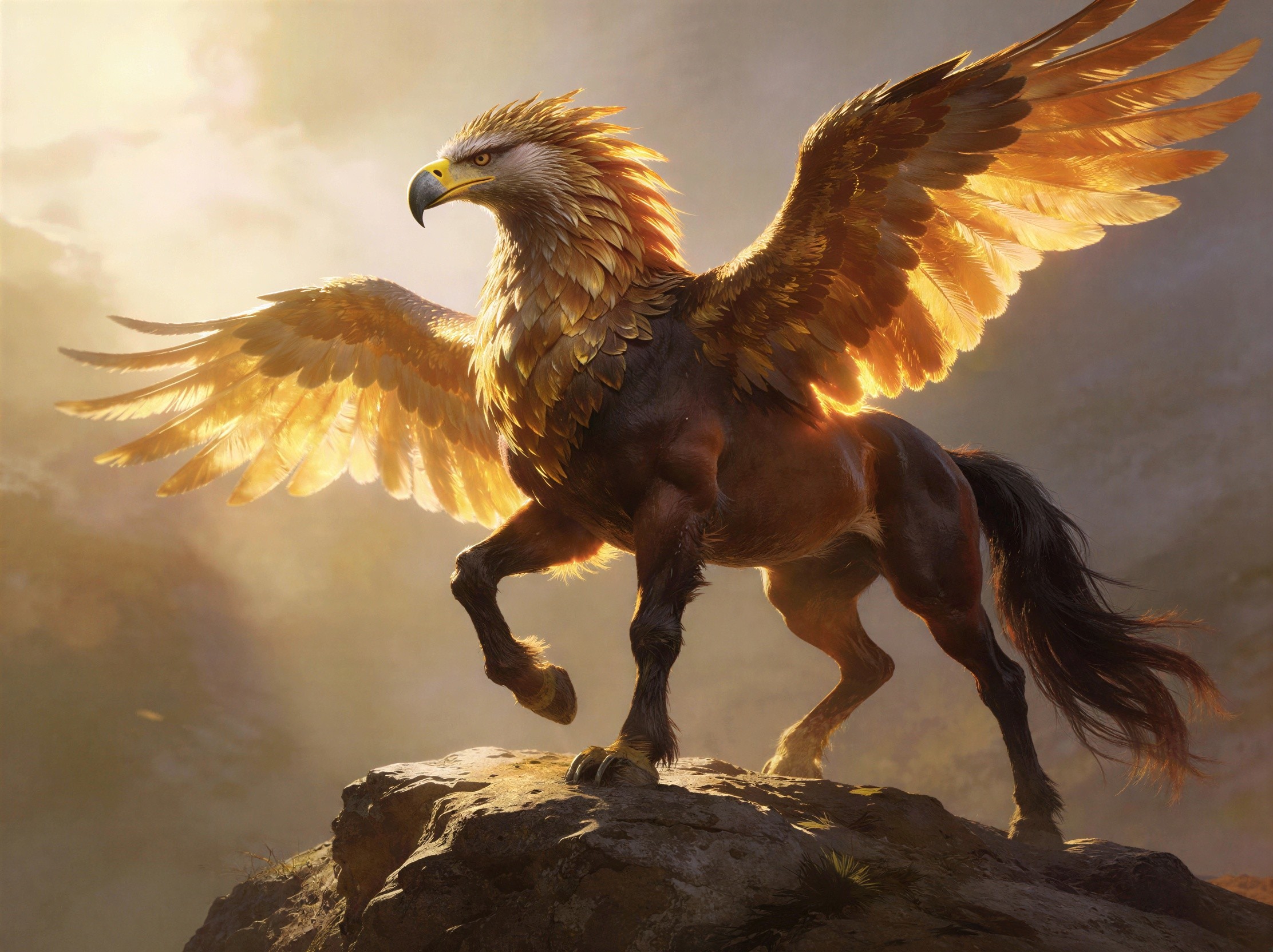 Majestic Griffin on Rocky Outcrop at Sunrise or Sunset