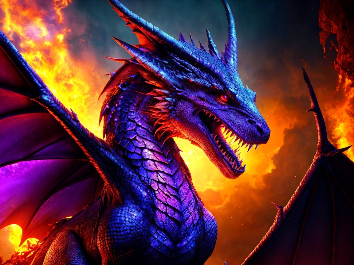 Majestic dragon surrounded by flames and smoke