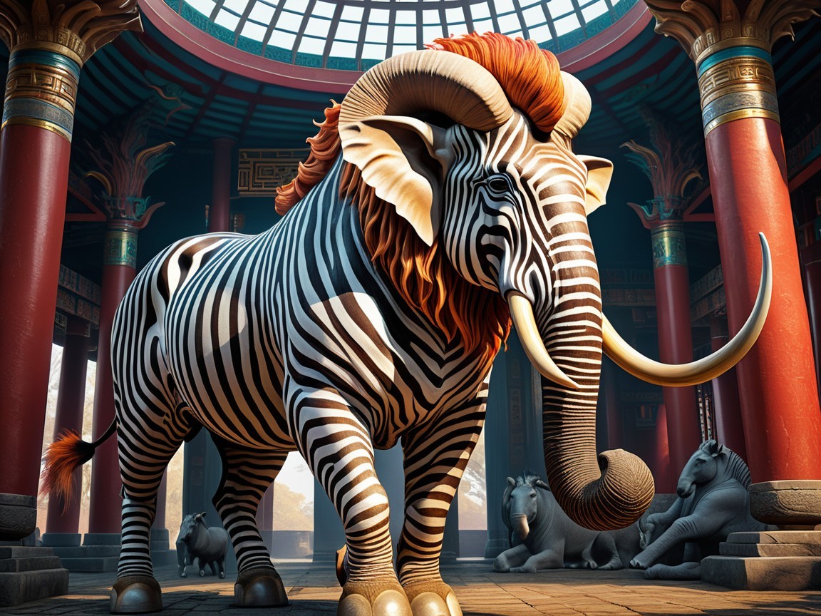 Ornate Hall with Striped Elephant and Sculpted Animals
