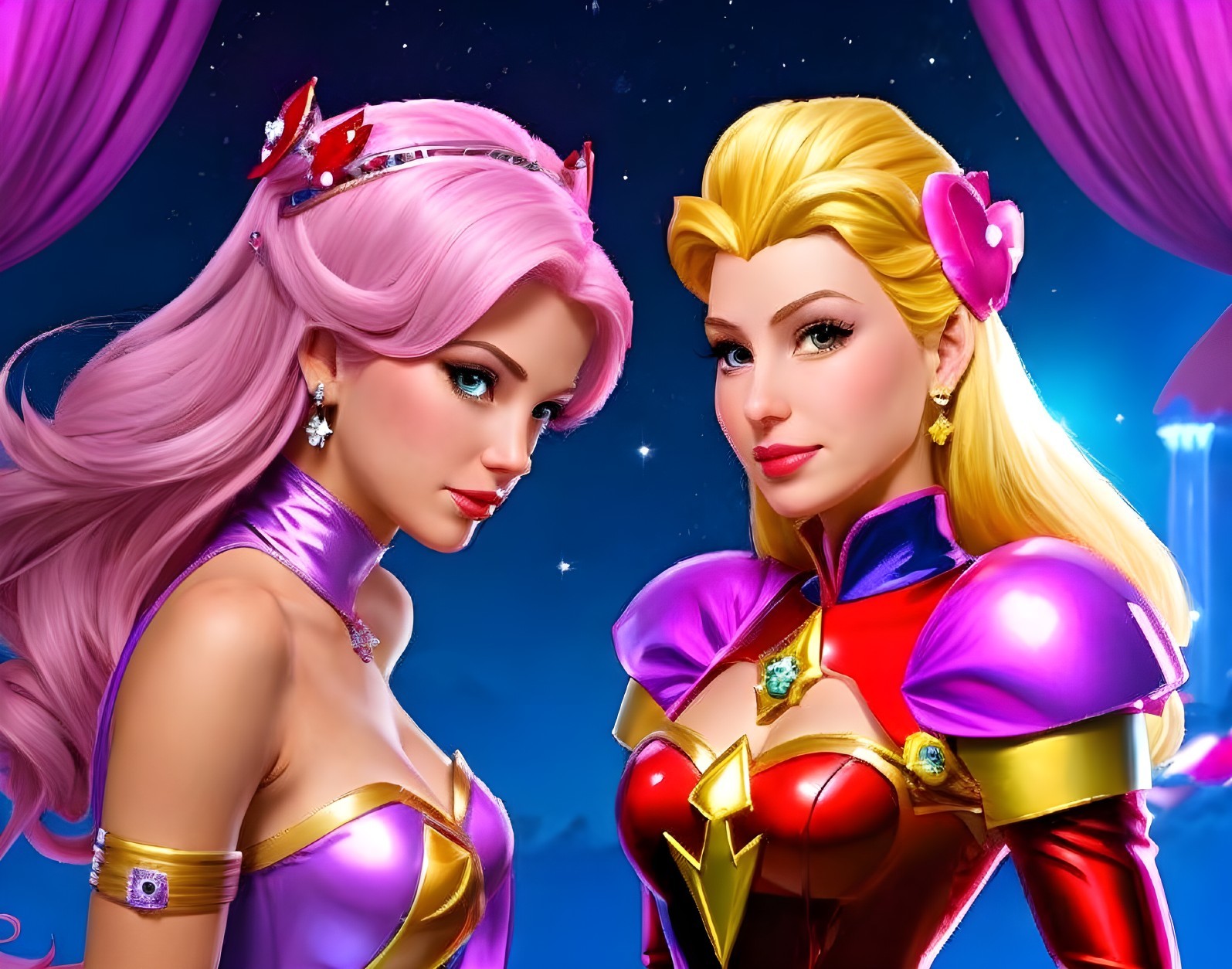 Glamorous Characters with Vibrant Hair in Night Sky
