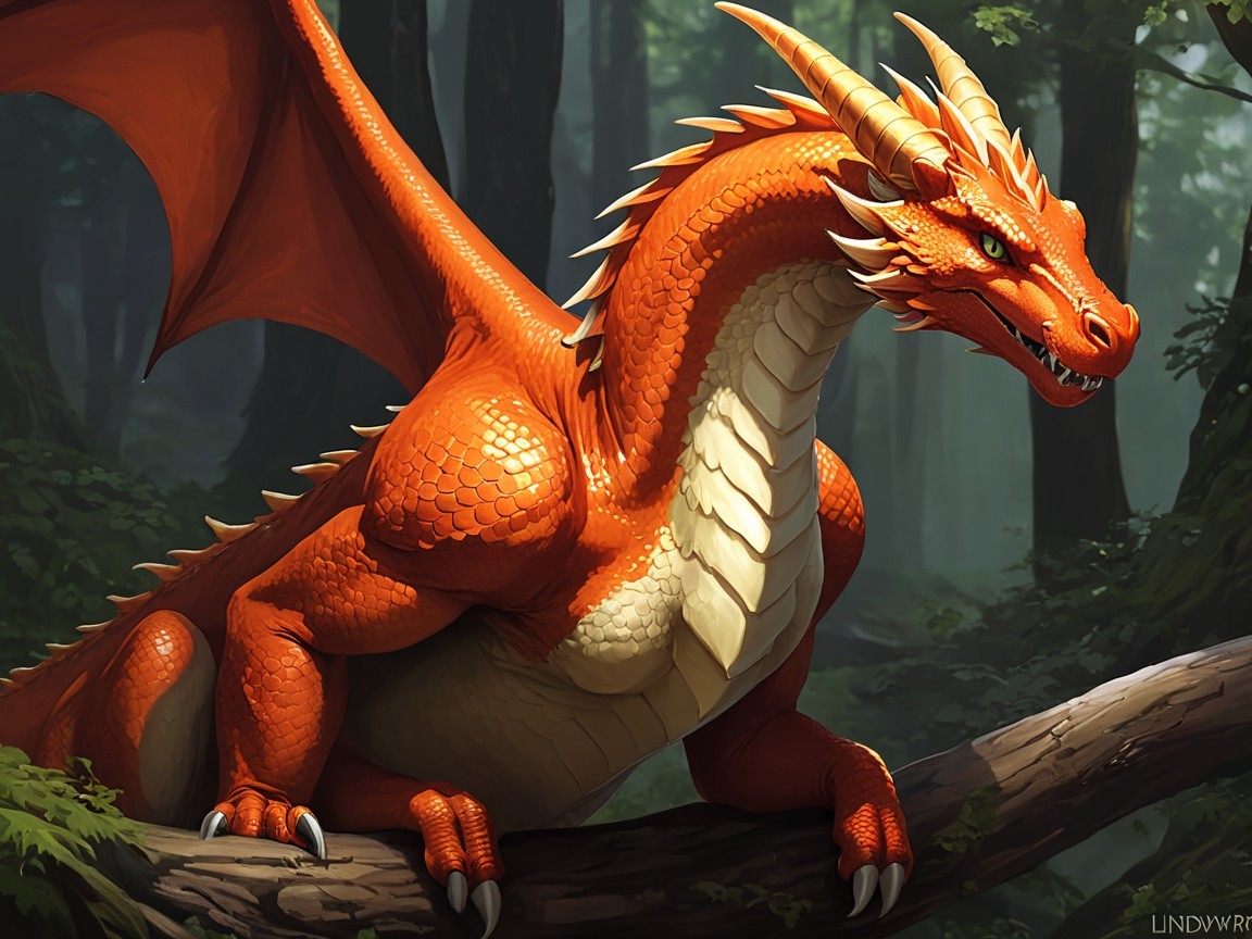 Majestic Orange Dragon in a Mystical Forest Setting