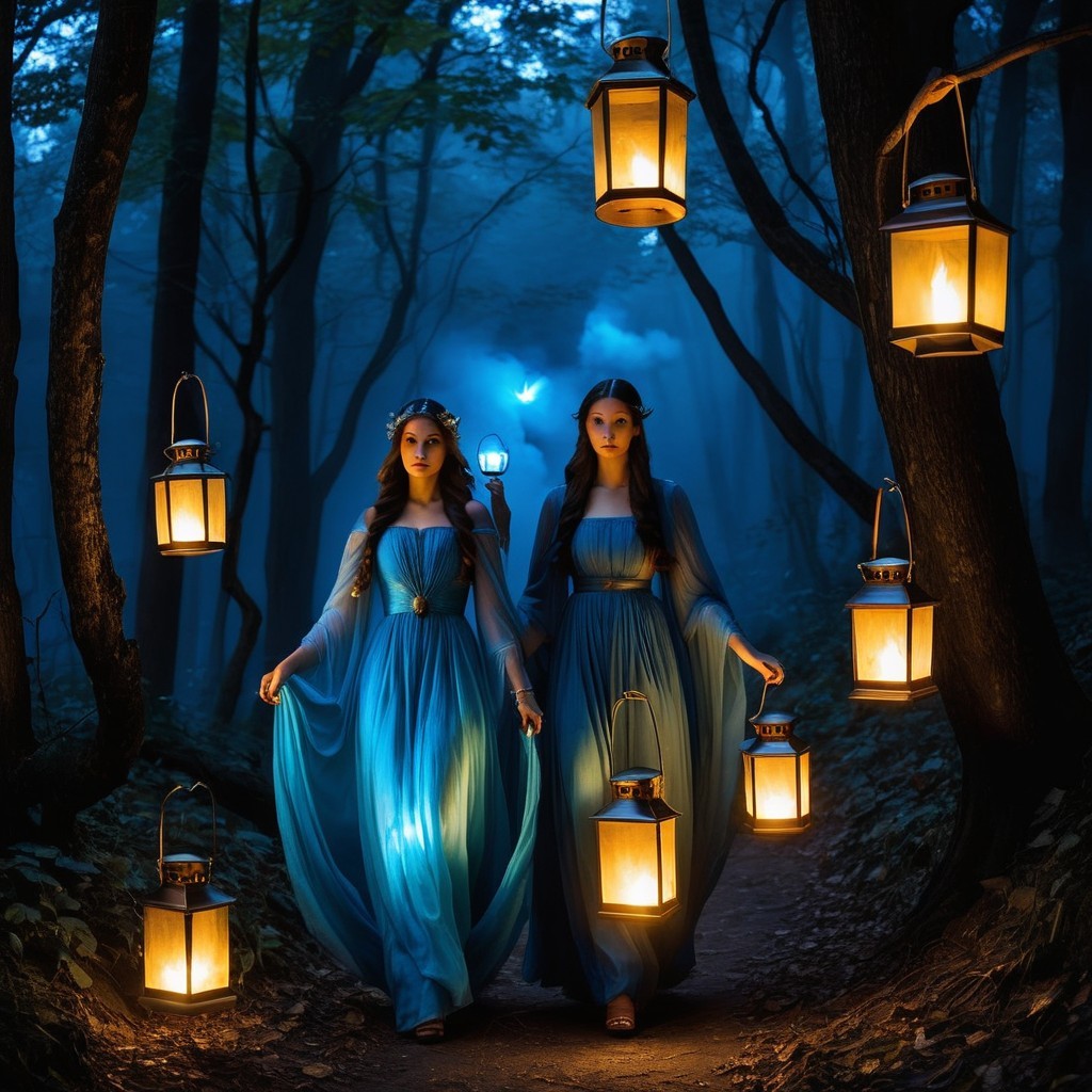 Ethereal Figures in Blue Gowns in Mystical Forest