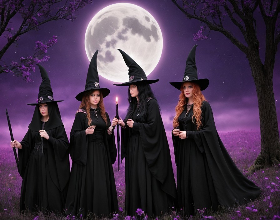 Witches in Black Robes Under a Full Moon Landscape