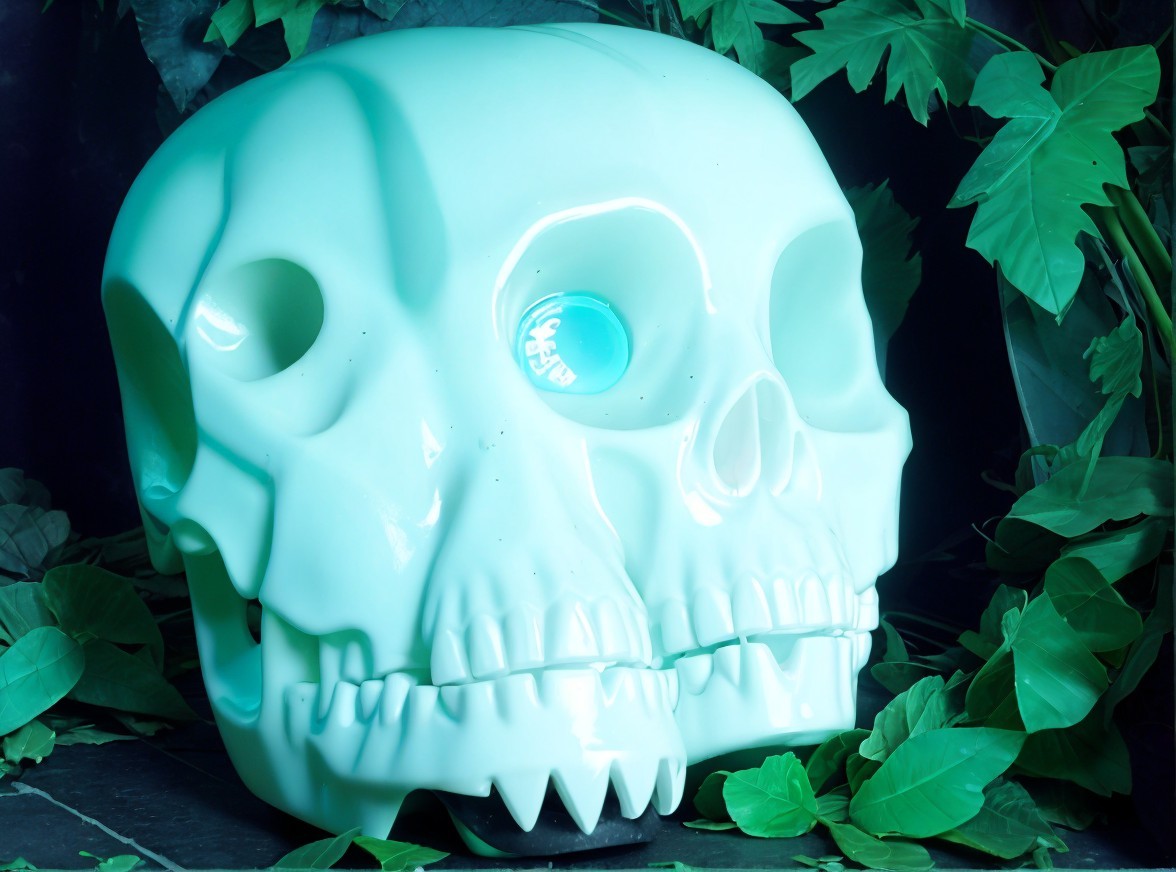 Luminescent Skull Surrounded by Lush Green Leaves