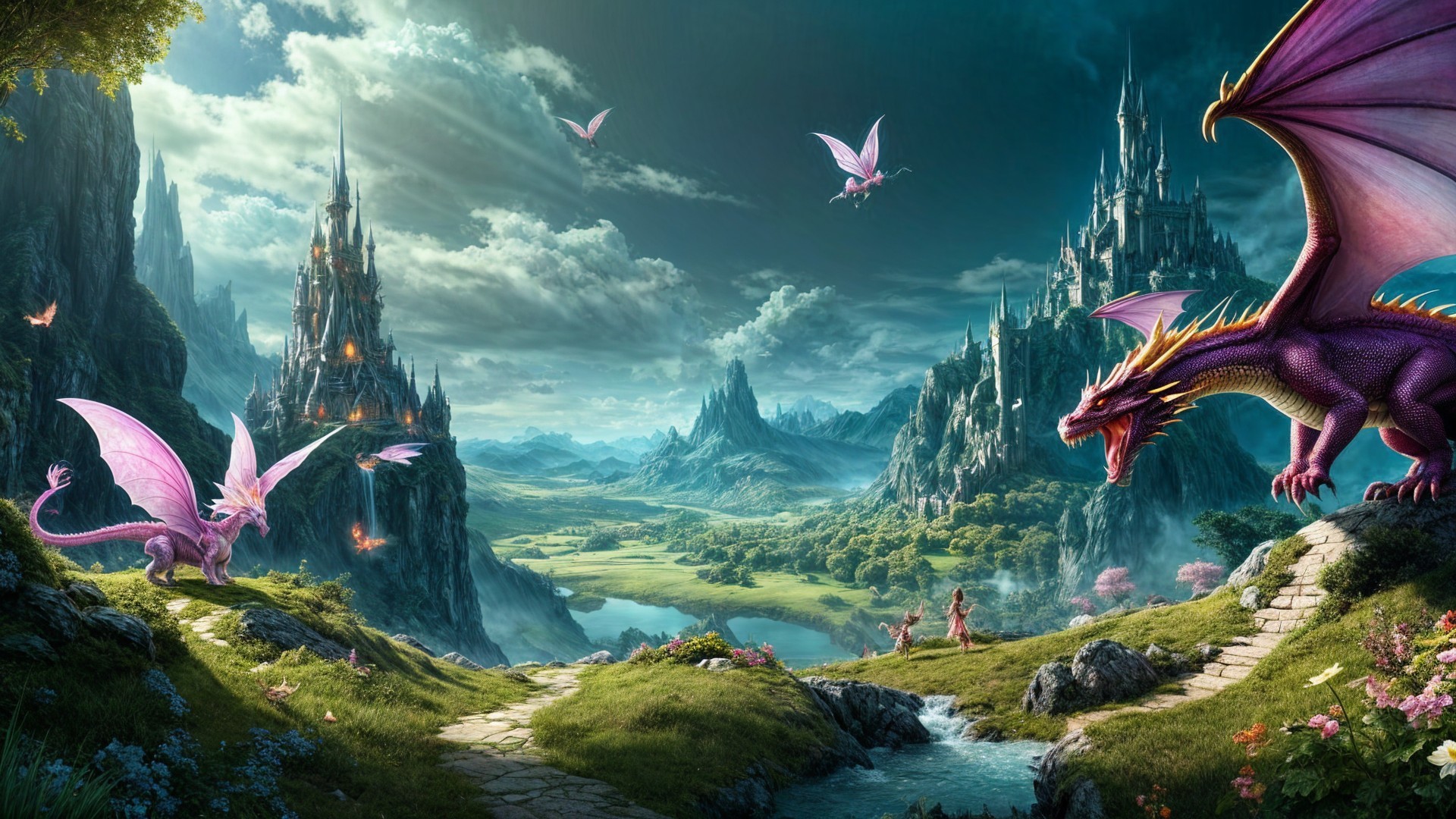 Majestic Mountains and Dragons in a Fantastical Landscape