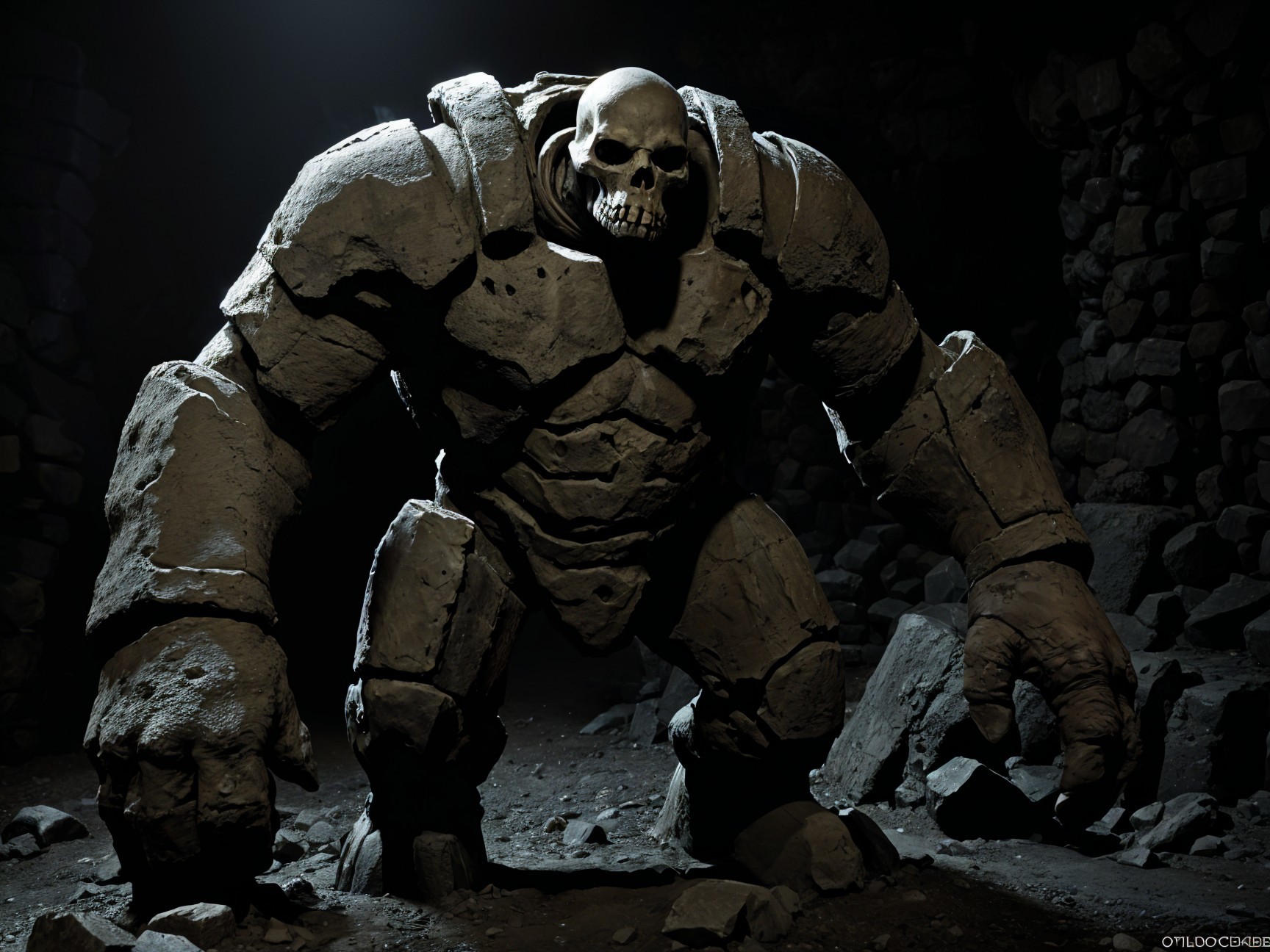 Massive Stone Golem in Dimly Lit Underground Cavern