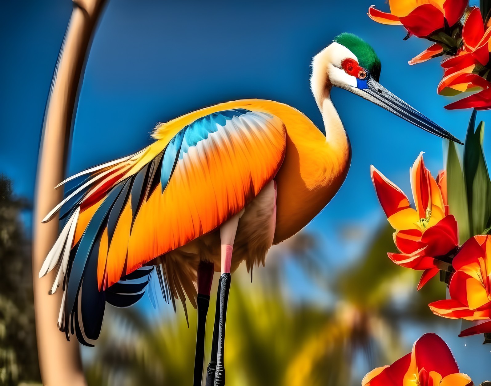 Vibrantly Colored Bird Among Vivid Flowers and Greenery