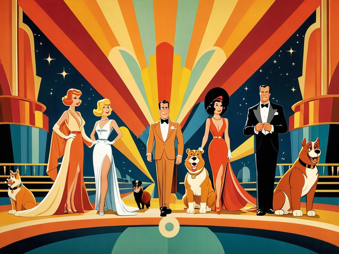 Retro-Inspired Scene with Stylish Characters and Dogs
