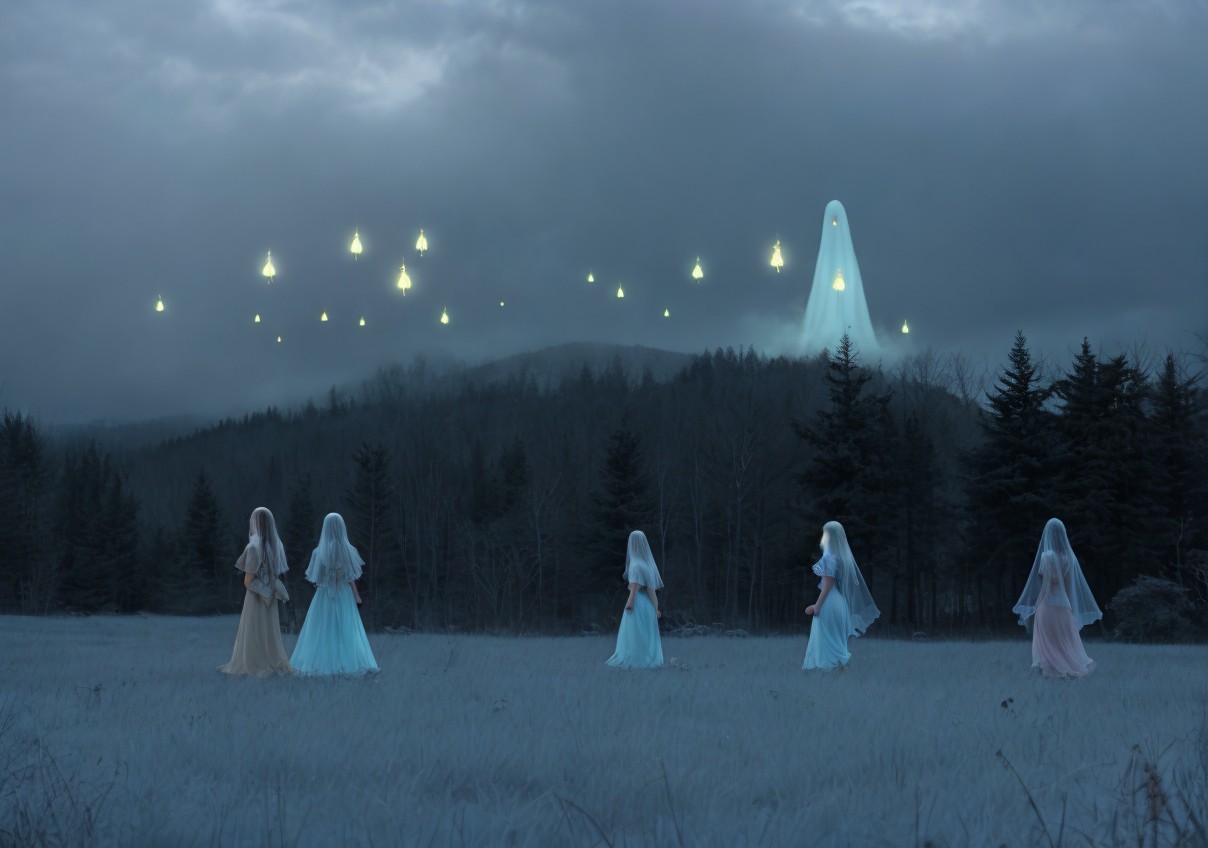 Ethereal Figures in Twilight Landscape with Apparition