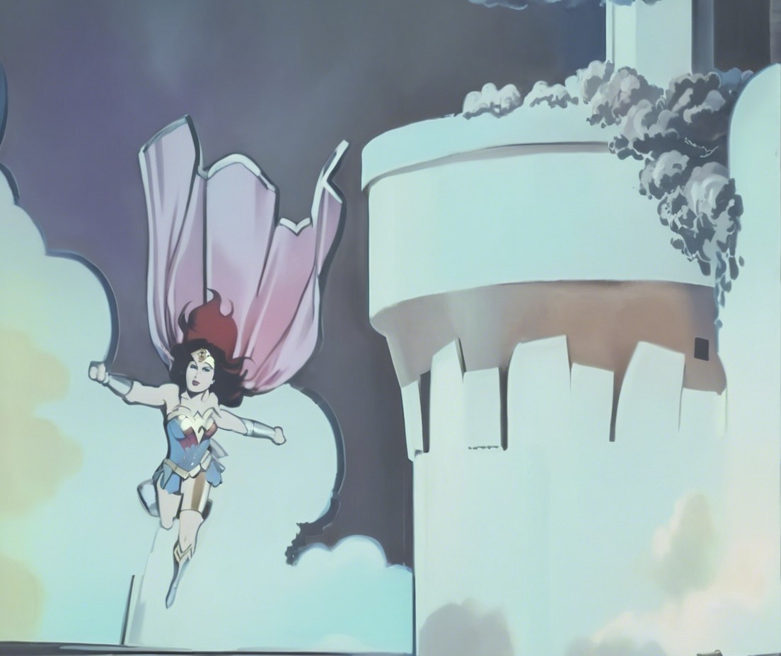 Superheroine in Vibrant Costume Soaring Through Sky