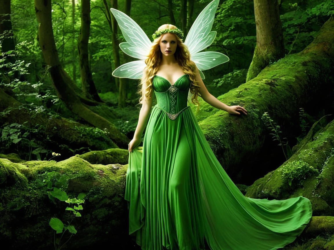 Mystical fairy in lush green forest with shimmering wings