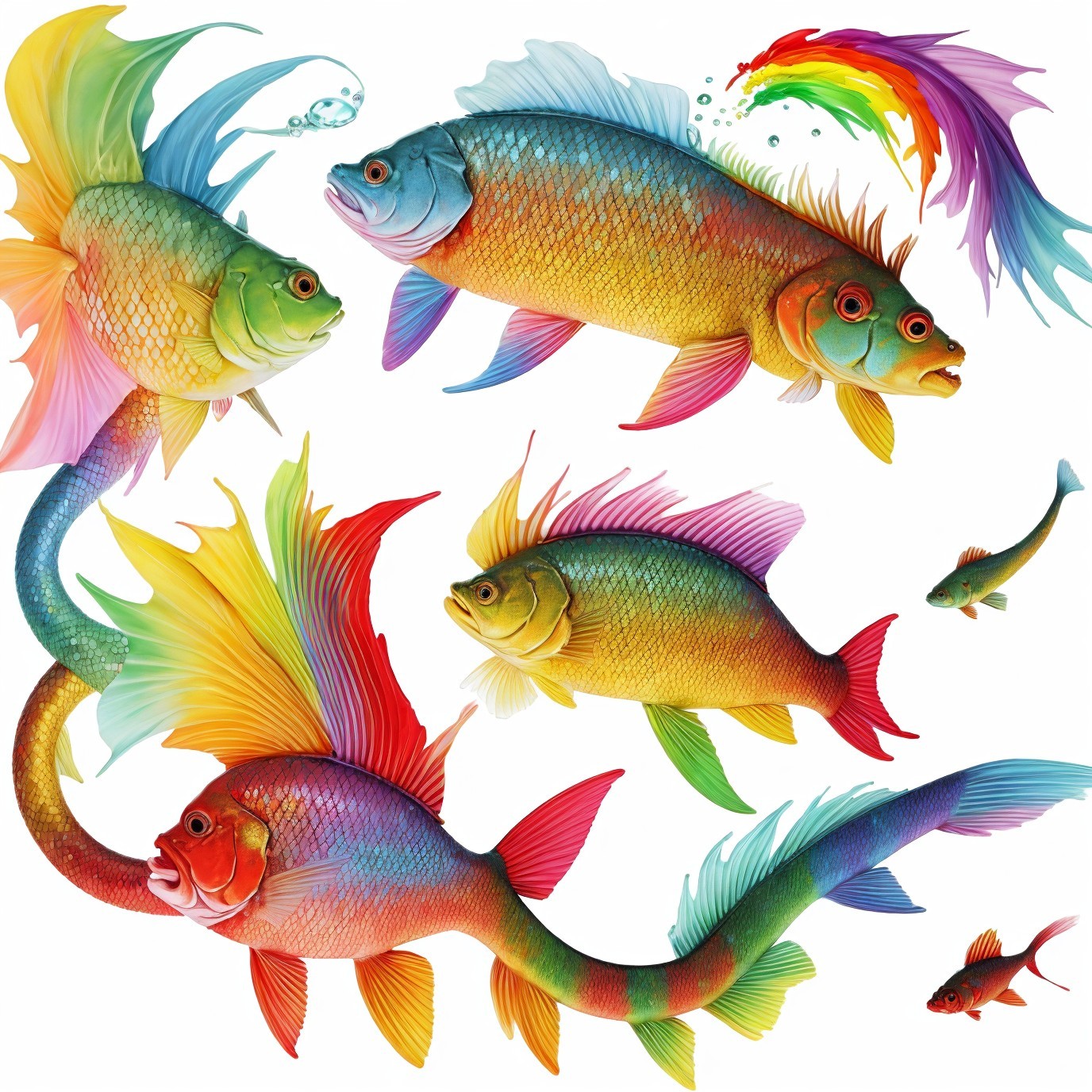 Vibrant Underwater Scene with Colorful Fish and Fountains