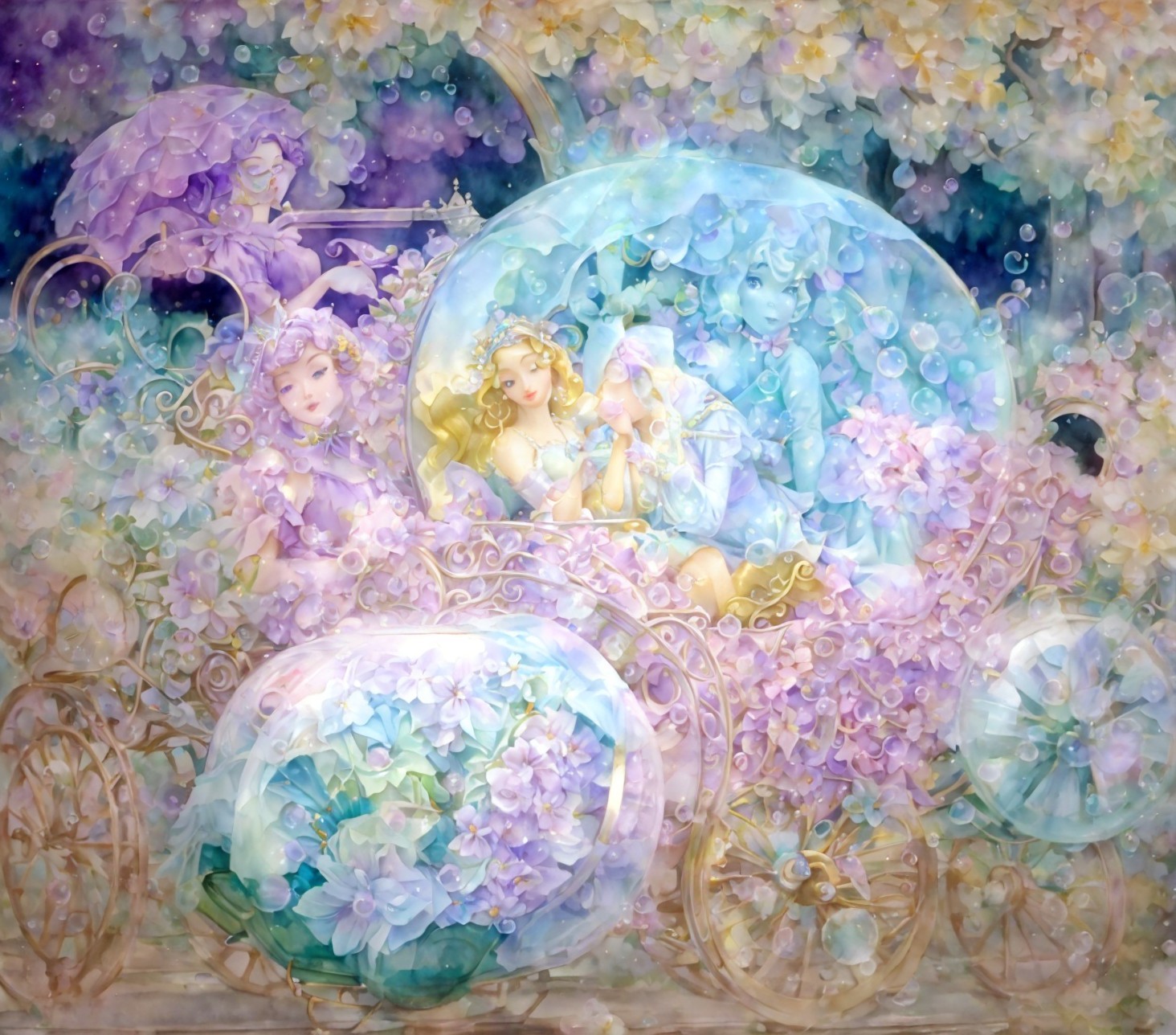 Ethereal Figures in a Carriage Surrounded by Blooms